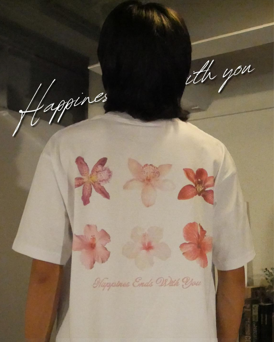 Summer collection - back view of white t-shirt with pink floral design